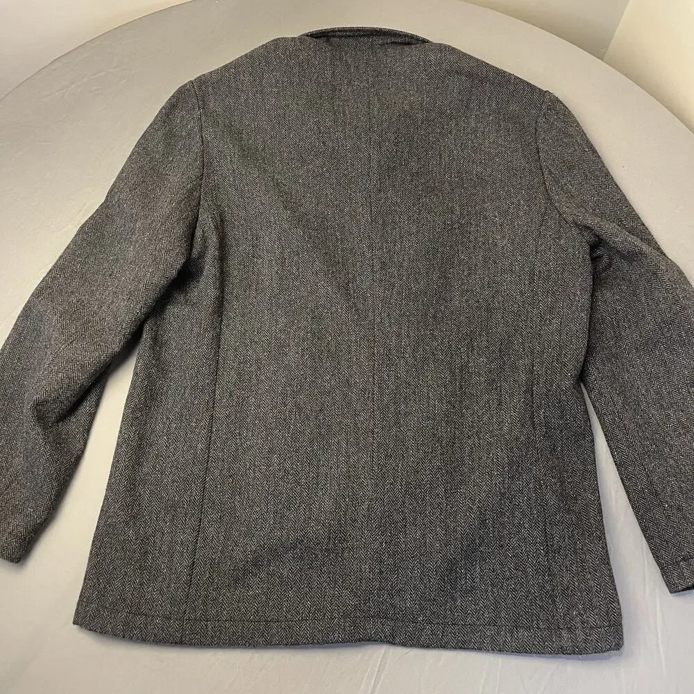 Men's Gray Double Breast Wool Blend Pea Coat Size XL Herringbone Tweed
